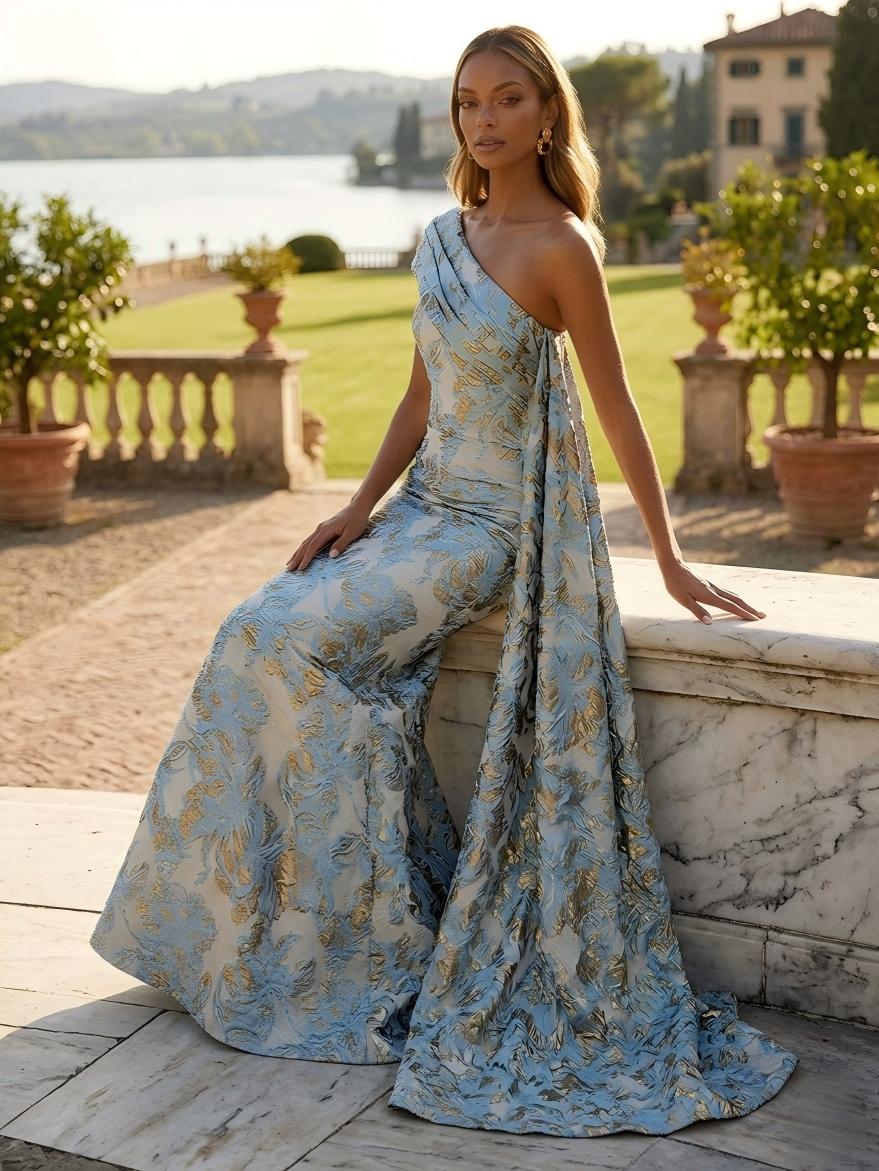 Jacquard One Shoulder Mermaid Ruffles Floral Pleated Evening Dresses