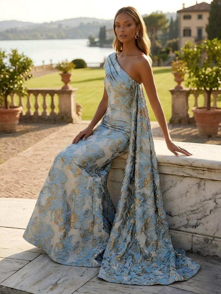 Jacquard One Shoulder Mermaid Ruffles Floral Pleated Evening Dresses