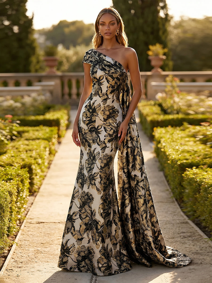 Jacquard One Shoulder Mermaid Ruffles Floral Pleated Evening Dresses