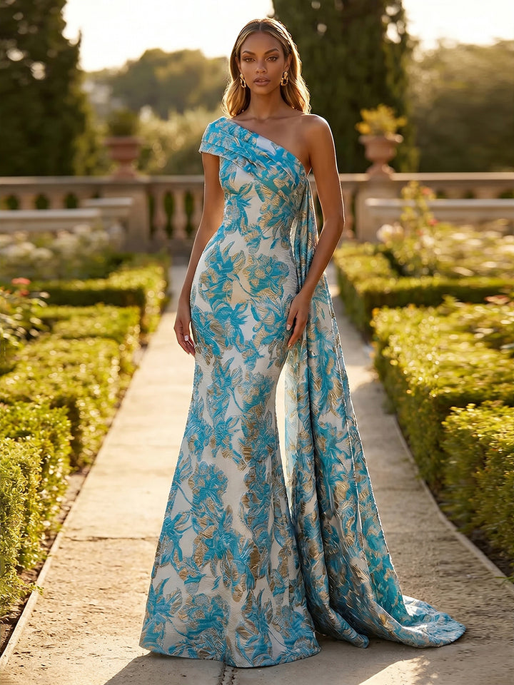 Jacquard One Shoulder Mermaid Ruffles Floral Pleated Evening Dresses