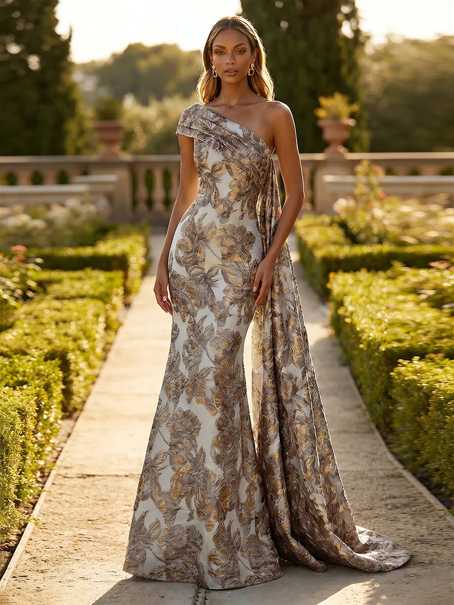 Jacquard One Shoulder Mermaid Ruffles Floral Pleated Evening Dresses