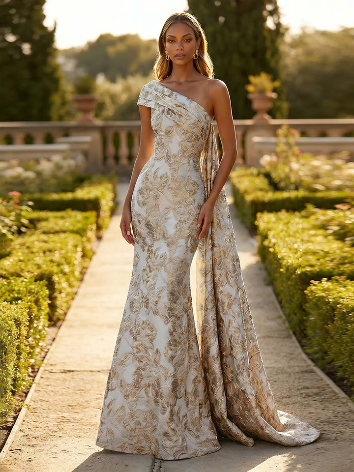Jacquard One Shoulder Mermaid Ruffles Floral Pleated Evening Dresses
