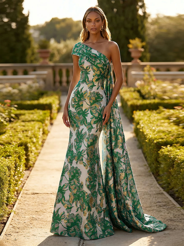 Jacquard One Shoulder Mermaid Ruffles Floral Pleated Evening Dresses