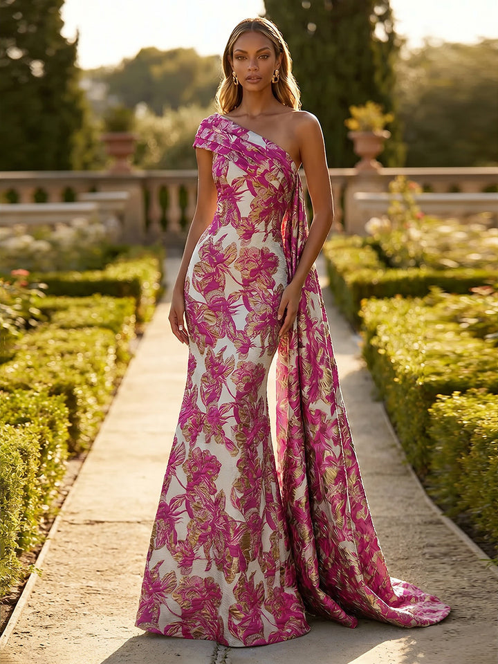Jacquard One Shoulder Mermaid Ruffles Floral Pleated Evening Dresses