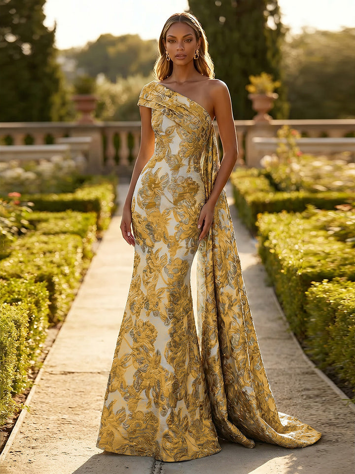Jacquard One Shoulder Mermaid Ruffles Floral Pleated Evening Dresses