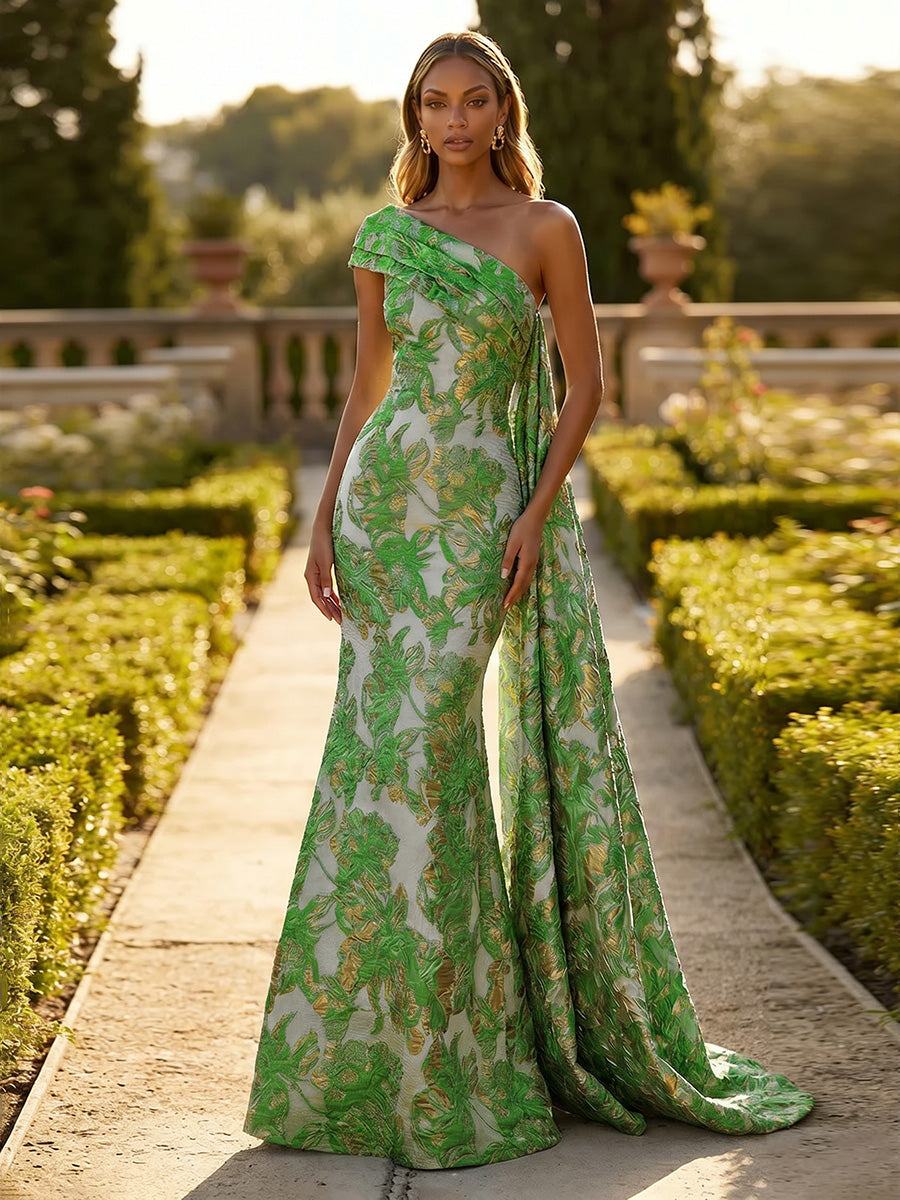 Jacquard One Shoulder Mermaid Ruffles Floral Pleated Evening Dresses