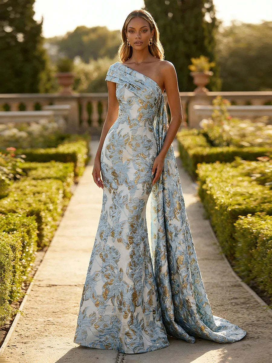Jacquard One Shoulder Mermaid Ruffles Floral Pleated Evening Dresses