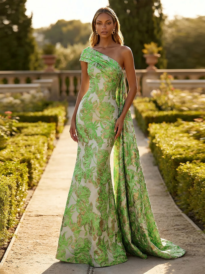 Jacquard One Shoulder Mermaid Ruffles Floral Pleated Evening Dresses