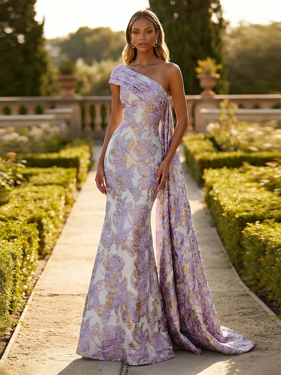 Jacquard One Shoulder Mermaid Ruffles Floral Pleated Evening Dresses