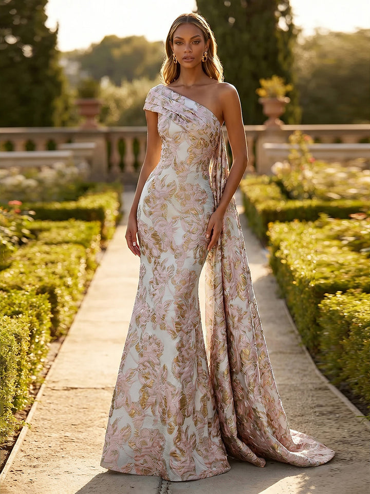 Jacquard One Shoulder Mermaid Ruffles Floral Pleated Evening Dresses