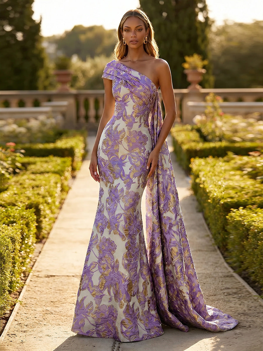 Jacquard One Shoulder Mermaid Ruffles Floral Pleated Evening Dresses