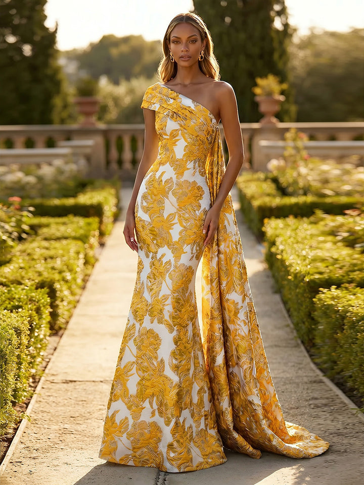Jacquard One Shoulder Mermaid Ruffles Floral Pleated Evening Dresses