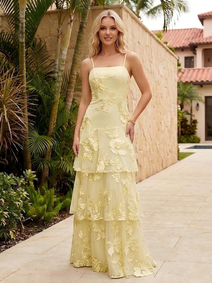 Spaghetti Straps Square Neck Layered Ruffles Floral Formal Dresses
