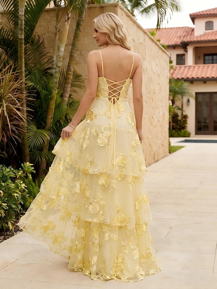 Spaghetti Straps Square Neck Layered Ruffles Floral Formal Dresses