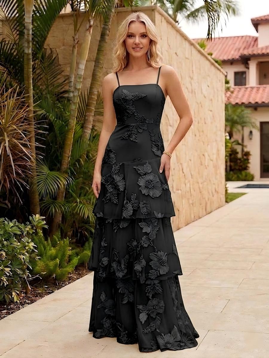 Spaghetti Straps Square Neck Layered Ruffles Floral Formal Dresses