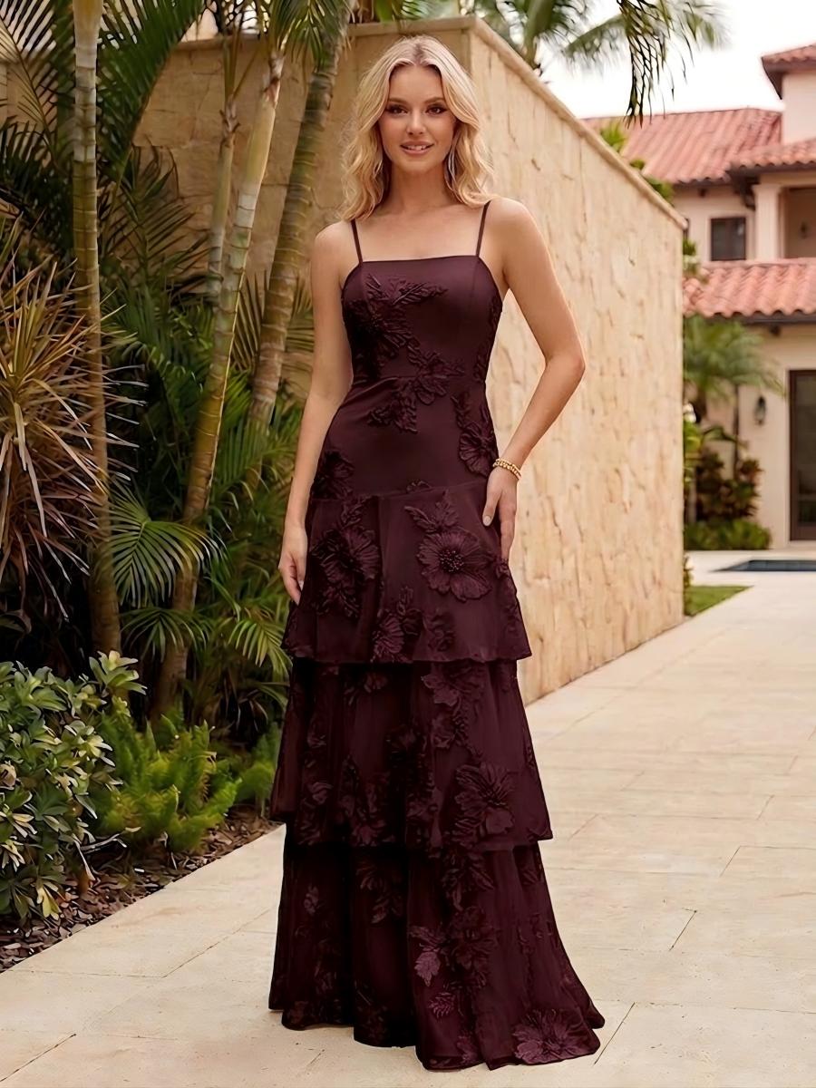 Spaghetti Straps Square Neck Layered Ruffles Floral Formal Dresses