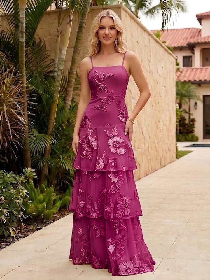 Spaghetti Straps Square Neck Layered Ruffles Floral Formal Dresses