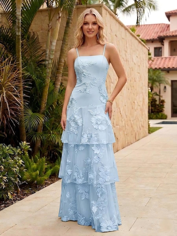 Spaghetti Straps Square Neck Layered Ruffles Floral Formal Dresses