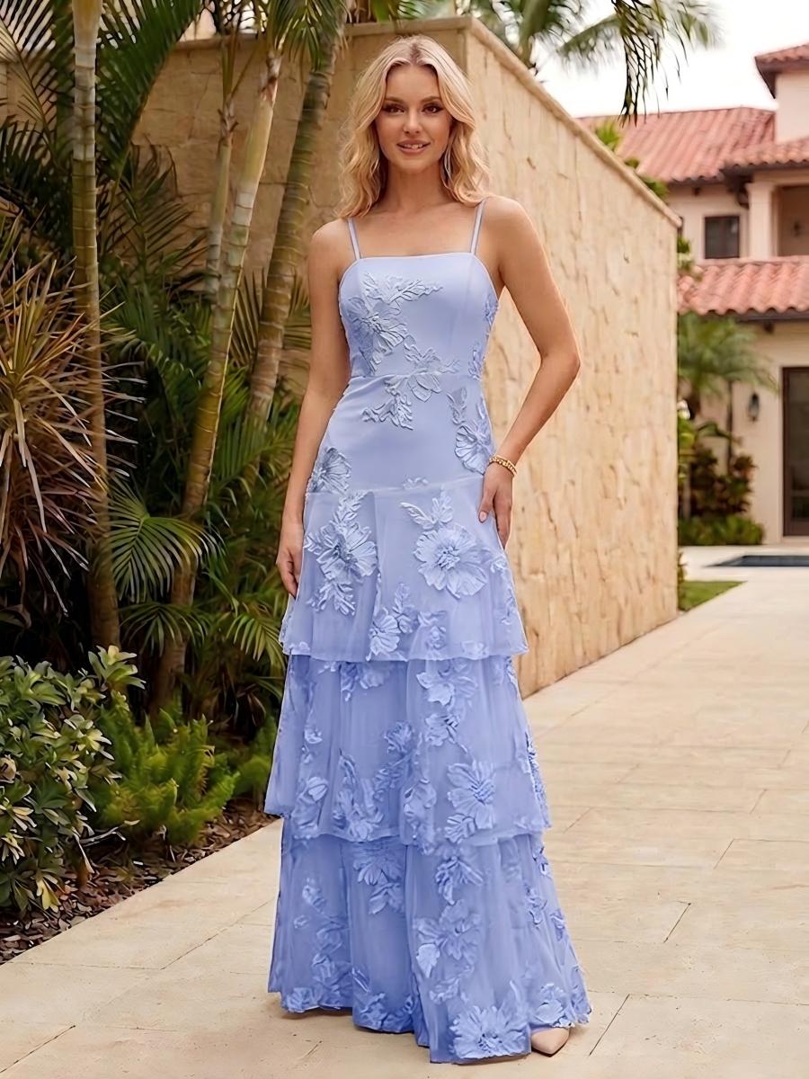 Spaghetti Straps Square Neck Layered Ruffles Floral Formal Dresses