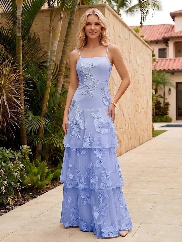 Spaghetti Straps Square Neck Layered Ruffles Floral Formal Dresses