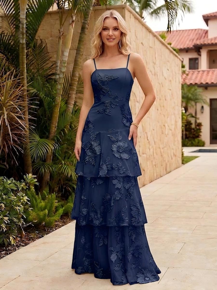 Spaghetti Straps Square Neck Layered Ruffles Floral Formal Dresses