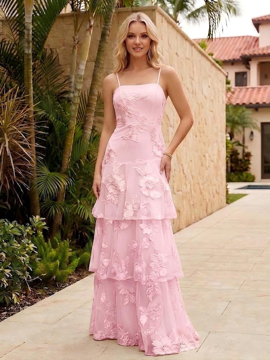 Spaghetti Straps Square Neck Layered Ruffles Floral Formal Dresses