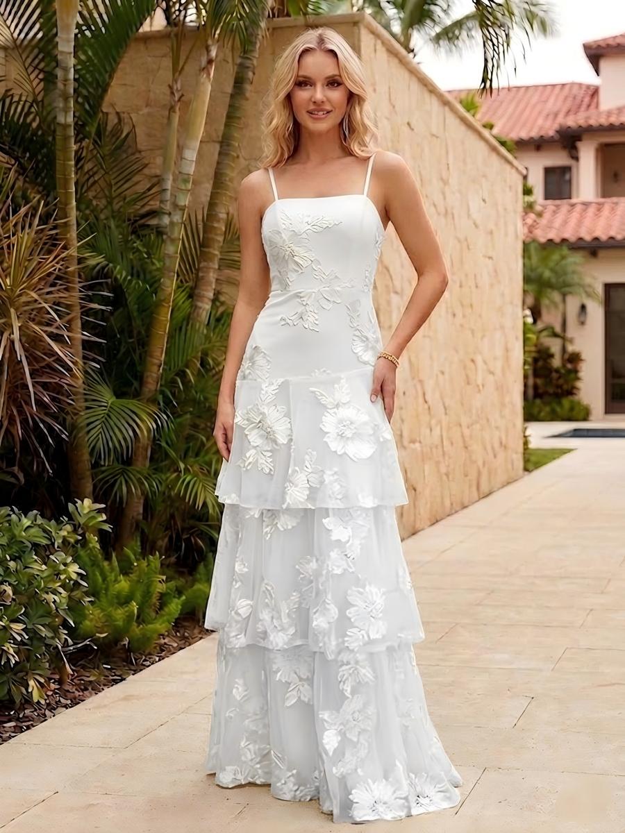 Spaghetti Straps Square Neck Layered Ruffles Floral Formal Dresses