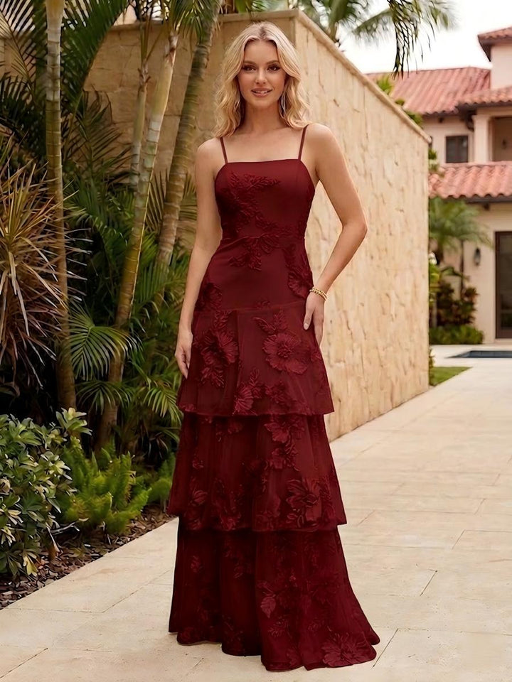 Spaghetti Straps Square Neck Layered Ruffles Floral Formal Dresses