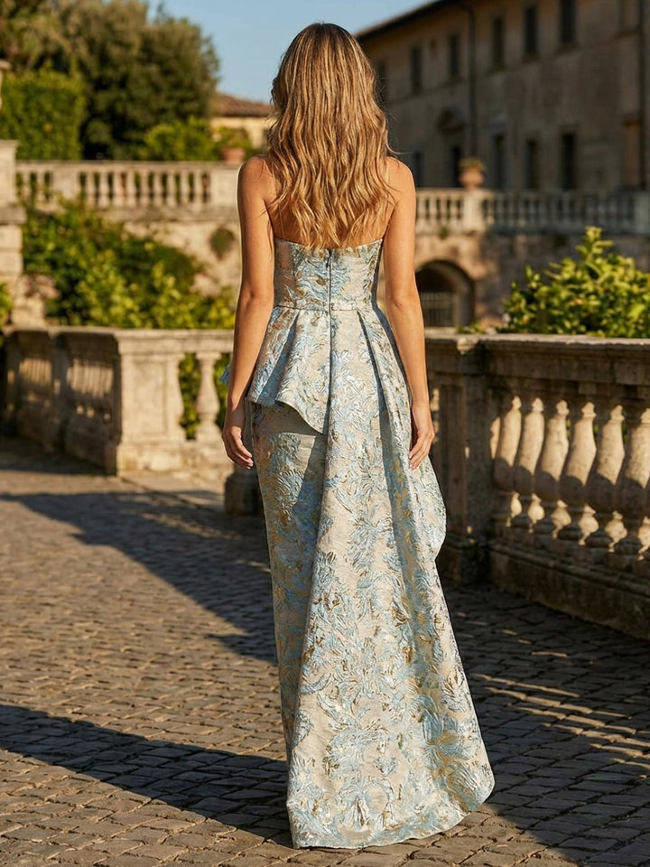 Jacquard A Line Peplum Bodice Floor Length Evening Dresses with Sash