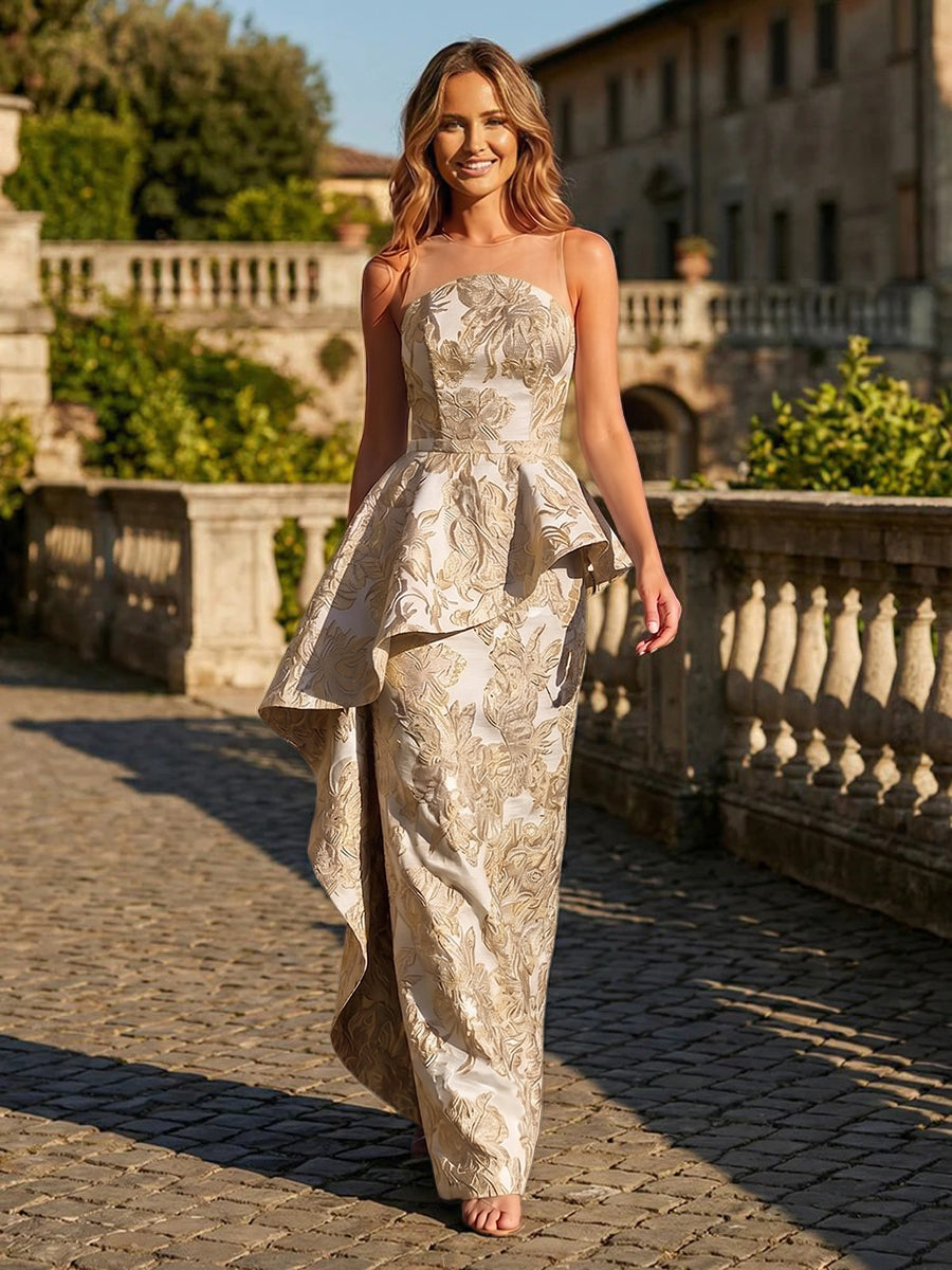 Jacquard A Line Peplum Bodice Floor Length Evening Dresses with Sash