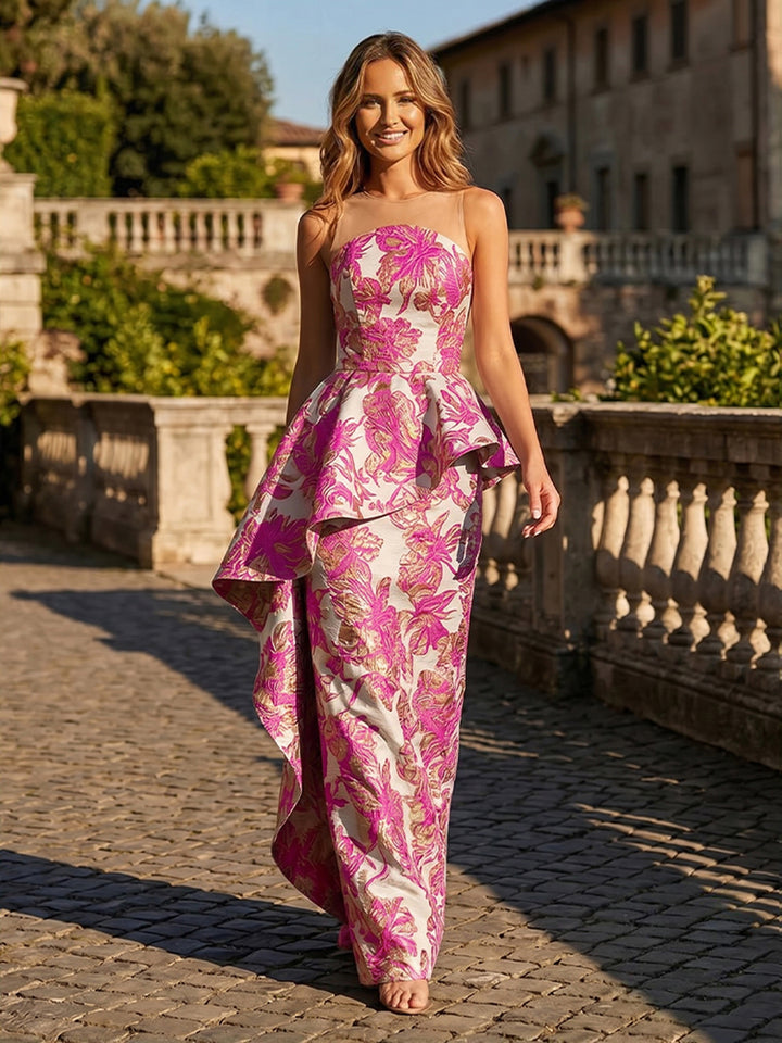 Jacquard A Line Peplum Bodice Floor Length Evening Dresses with Sash