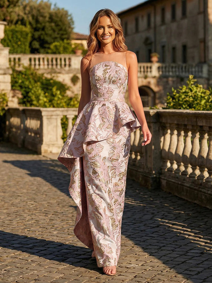 Jacquard A Line Peplum Bodice Floor Length Evening Dresses with Sash