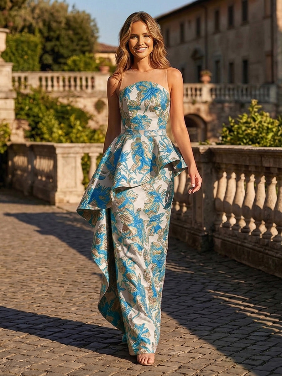 Jacquard A Line Peplum Bodice Floor Length Evening Dresses with Sash