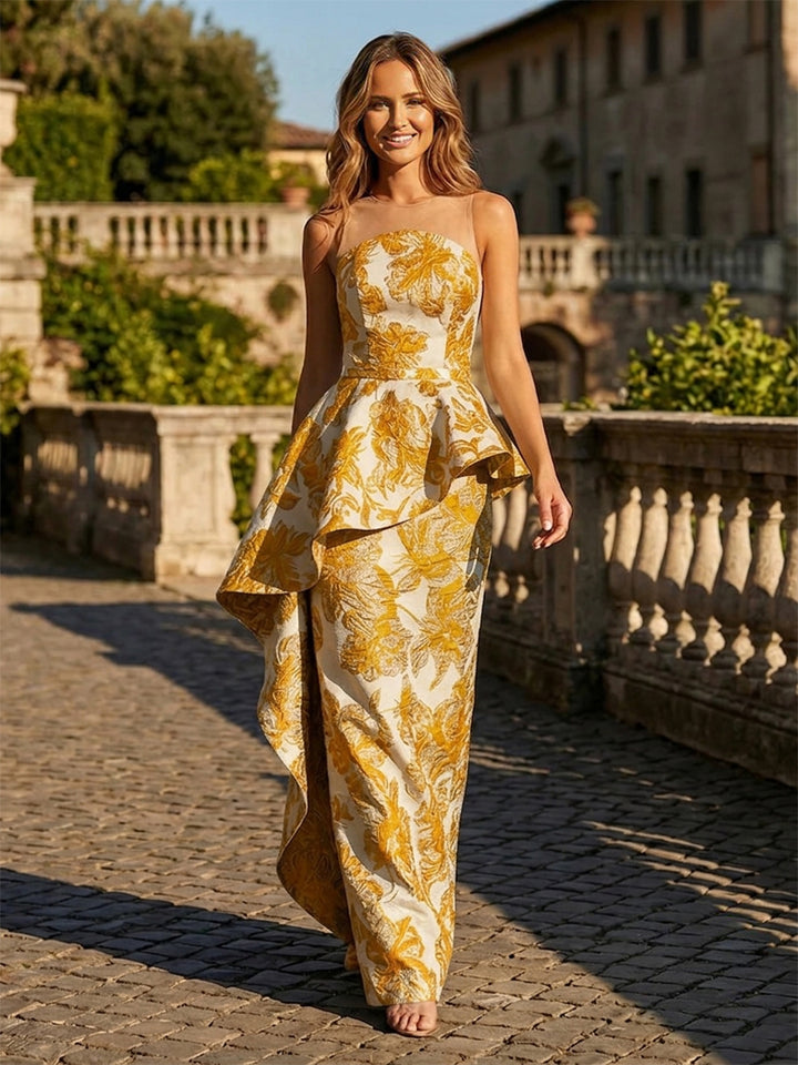 Jacquard A Line Peplum Bodice Floor Length Evening Dresses with Sash