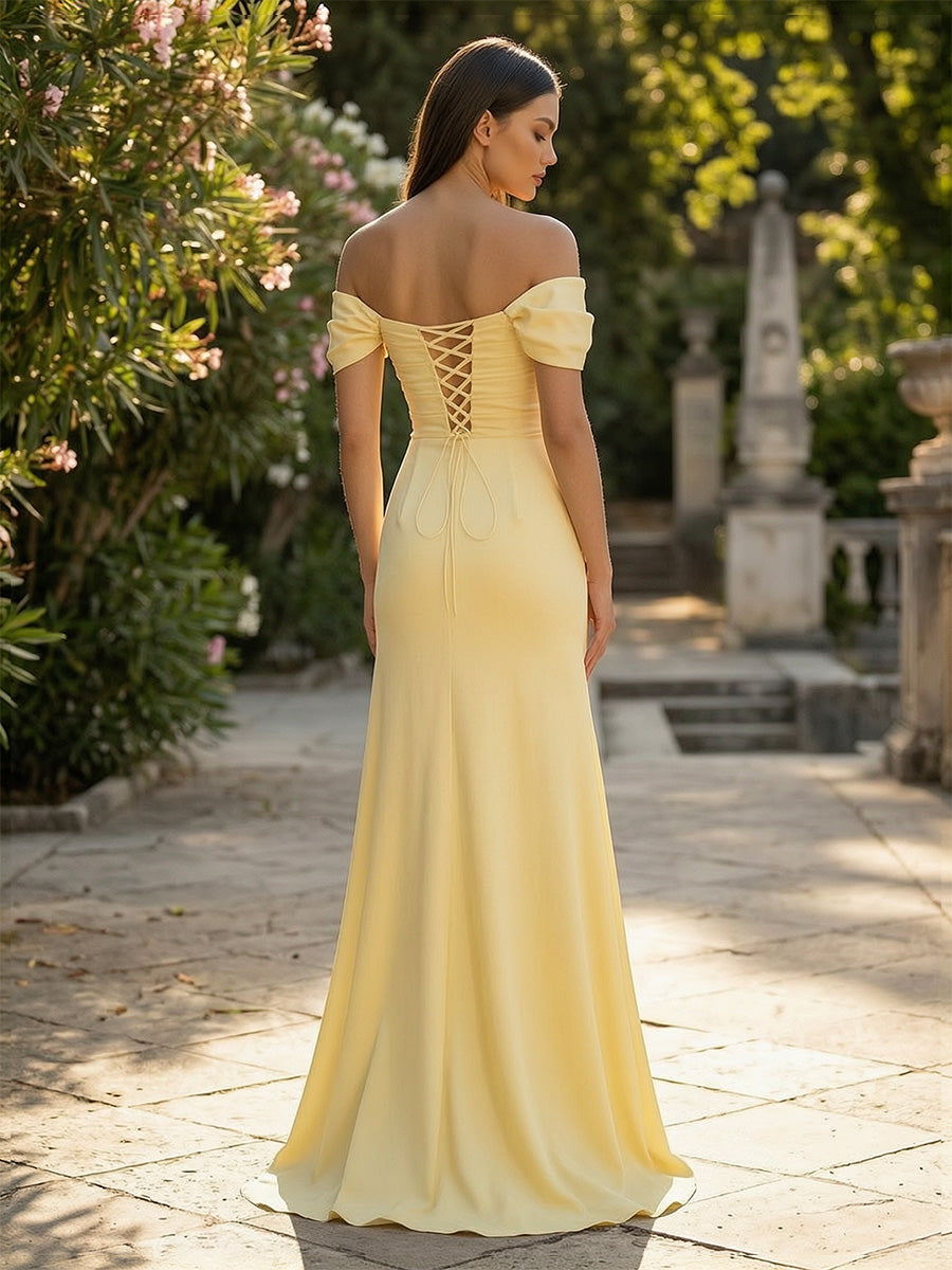Satin A Line Off the Shoulder Floor Length Formal Dresses