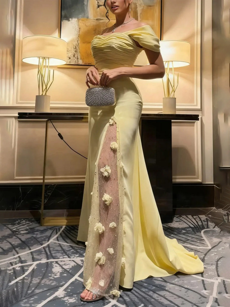 Satin A Line Off the Shoulder Floor Length Formal Dresses
