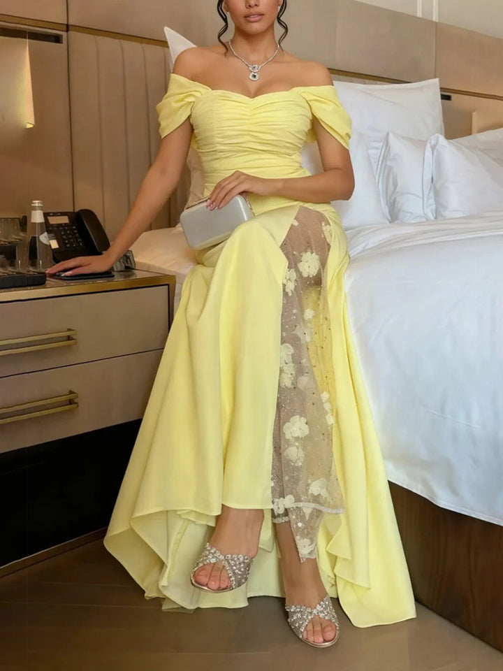 Satin A Line Off the Shoulder Floor Length Formal Dresses