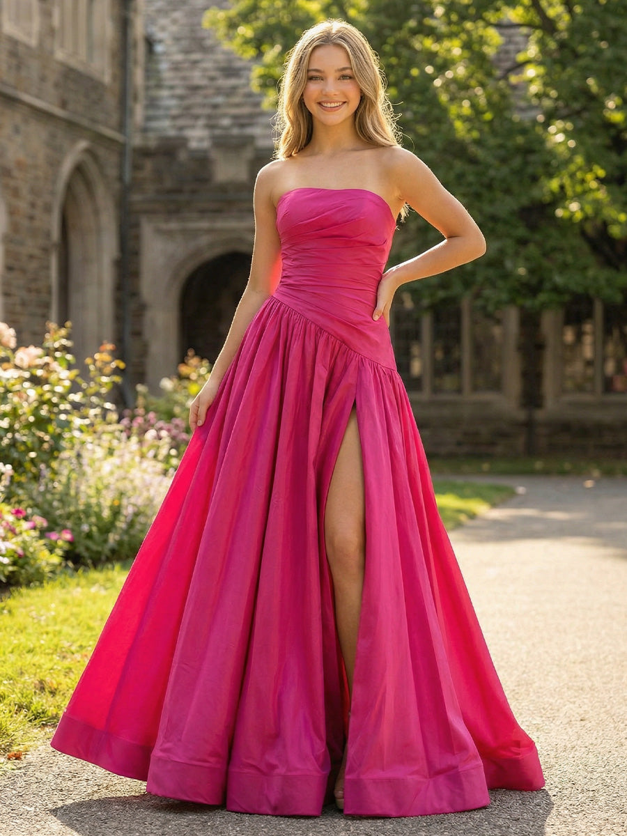 Satin A Line Strapless Floor Length Formal Dresses