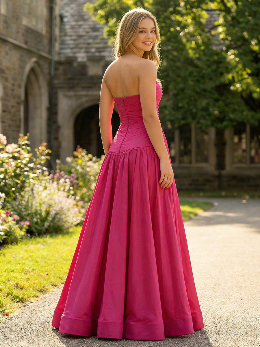 Satin A Line Strapless Floor Length Formal Dresses