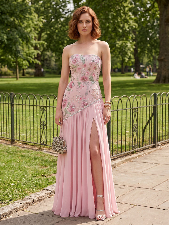 Chiffon Mermaid Strapless Side Slit Formal Dresses