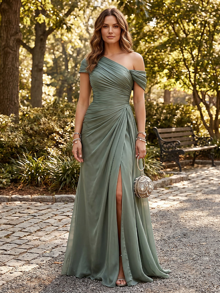 Chiffon A Line One Shoulder Side Slit Formal Dresses