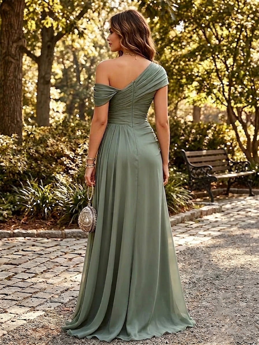 Chiffon A Line One Shoulder Side Slit Formal Dresses