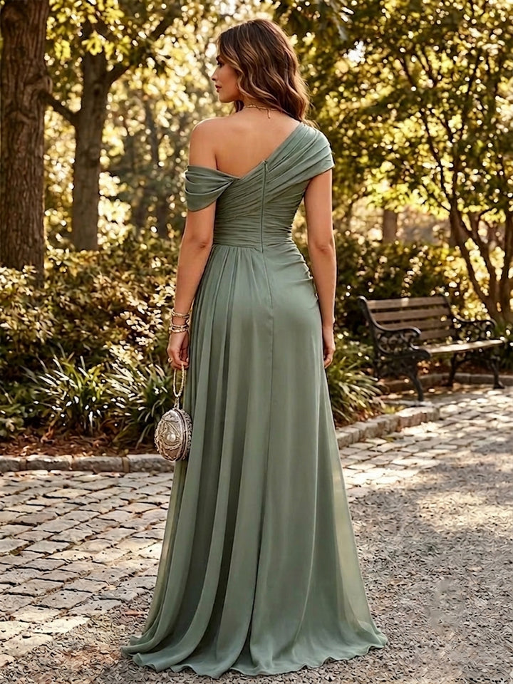 Chiffon A Line One Shoulder Side Slit Formal Dresses