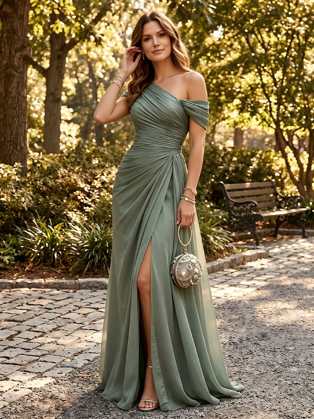 Chiffon A Line One Shoulder Side Slit Formal Dresses