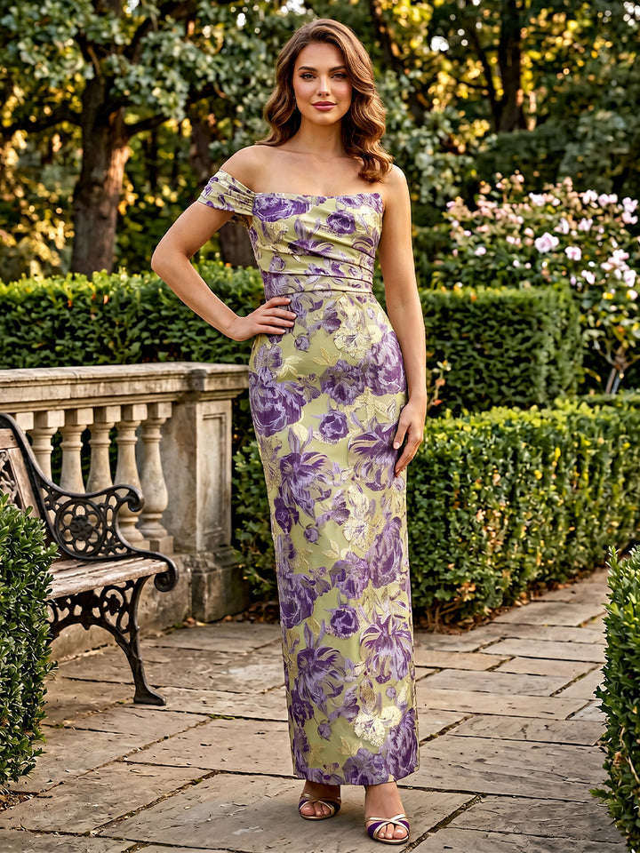 Jacquard Sheath Off the Shoulder Ruched Evening Dresses