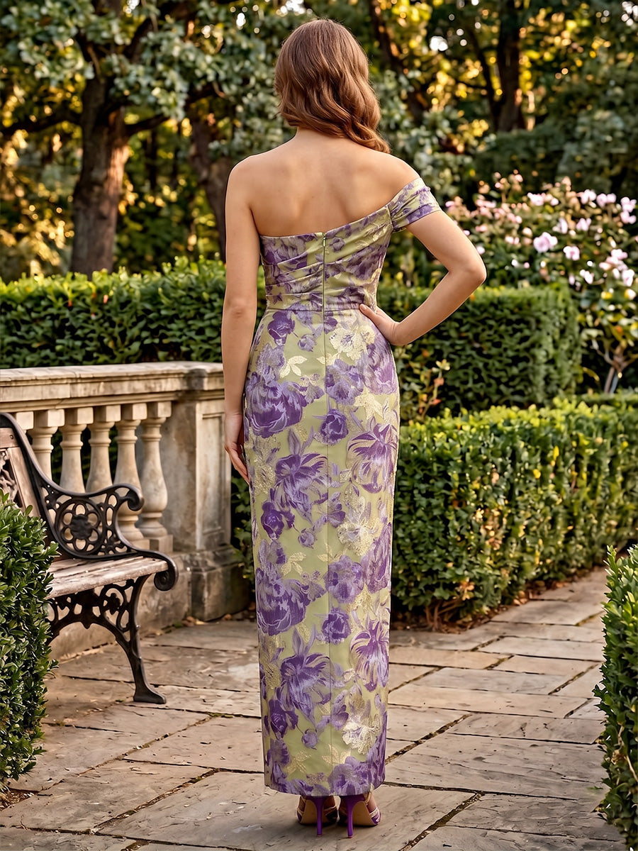 Jacquard Sheath Off the Shoulder Ruched Evening Dresses