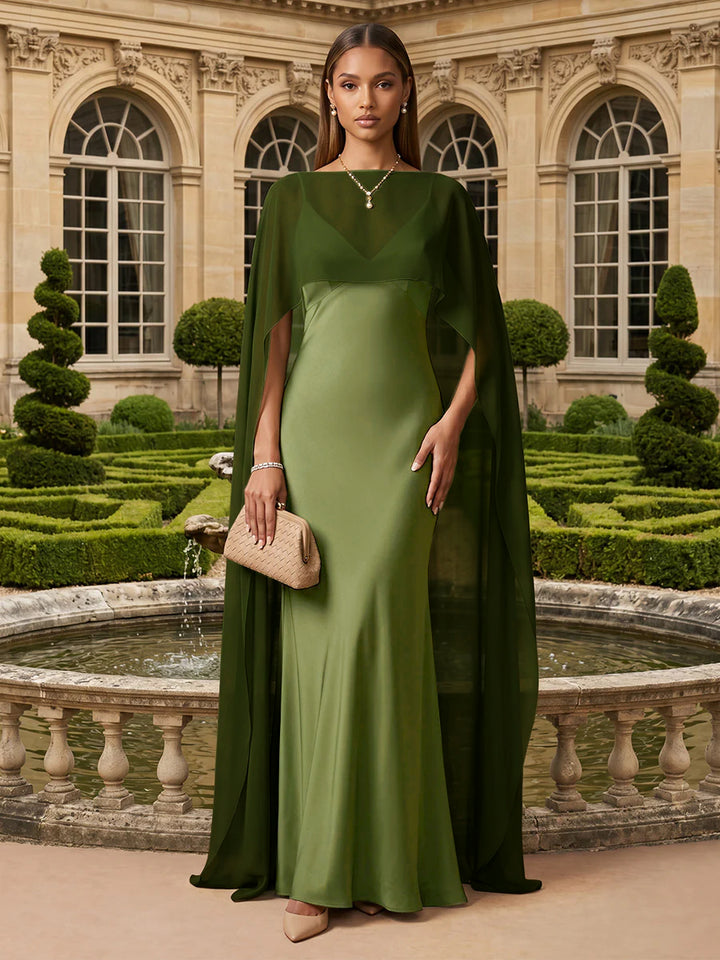 Satin A Line V Neck Cape Formal Dresses