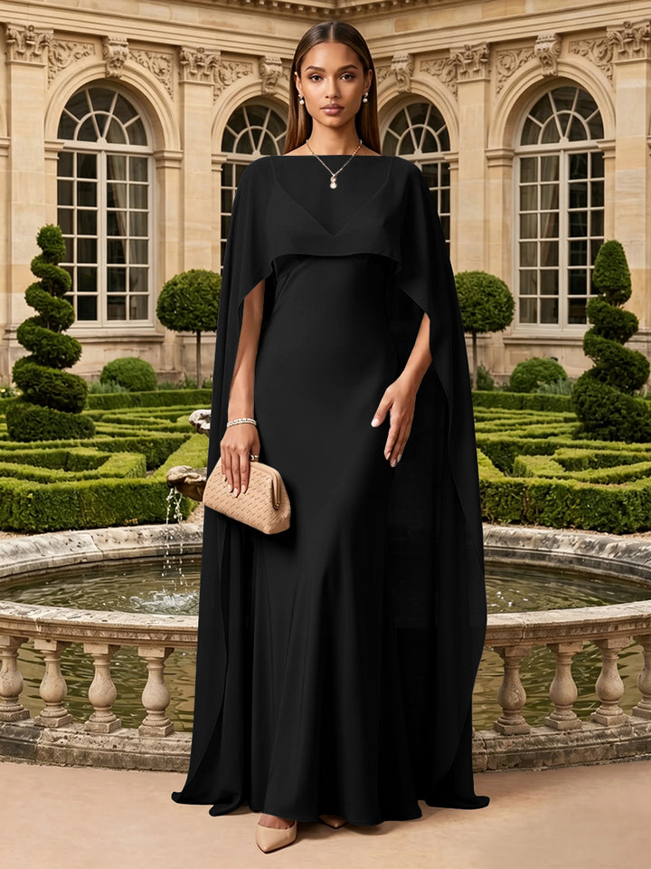 Satin A Line V Neck Cape Formal Dresses