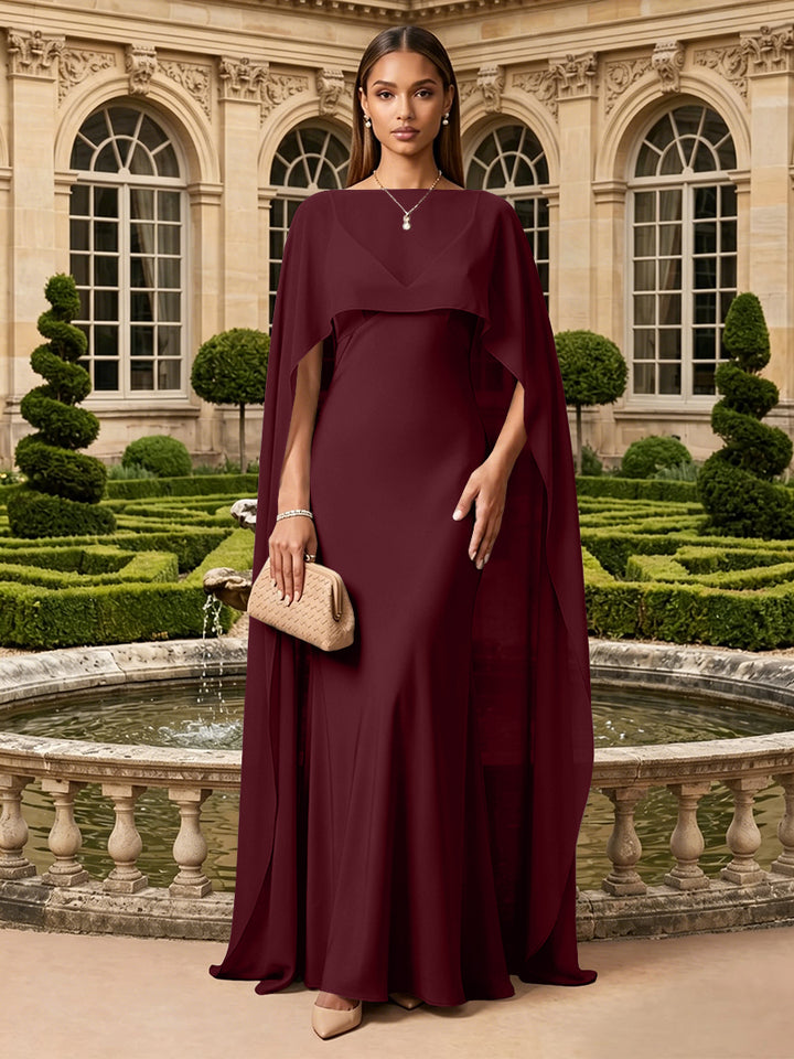 Satin A Line V Neck Cape Formal Dresses
