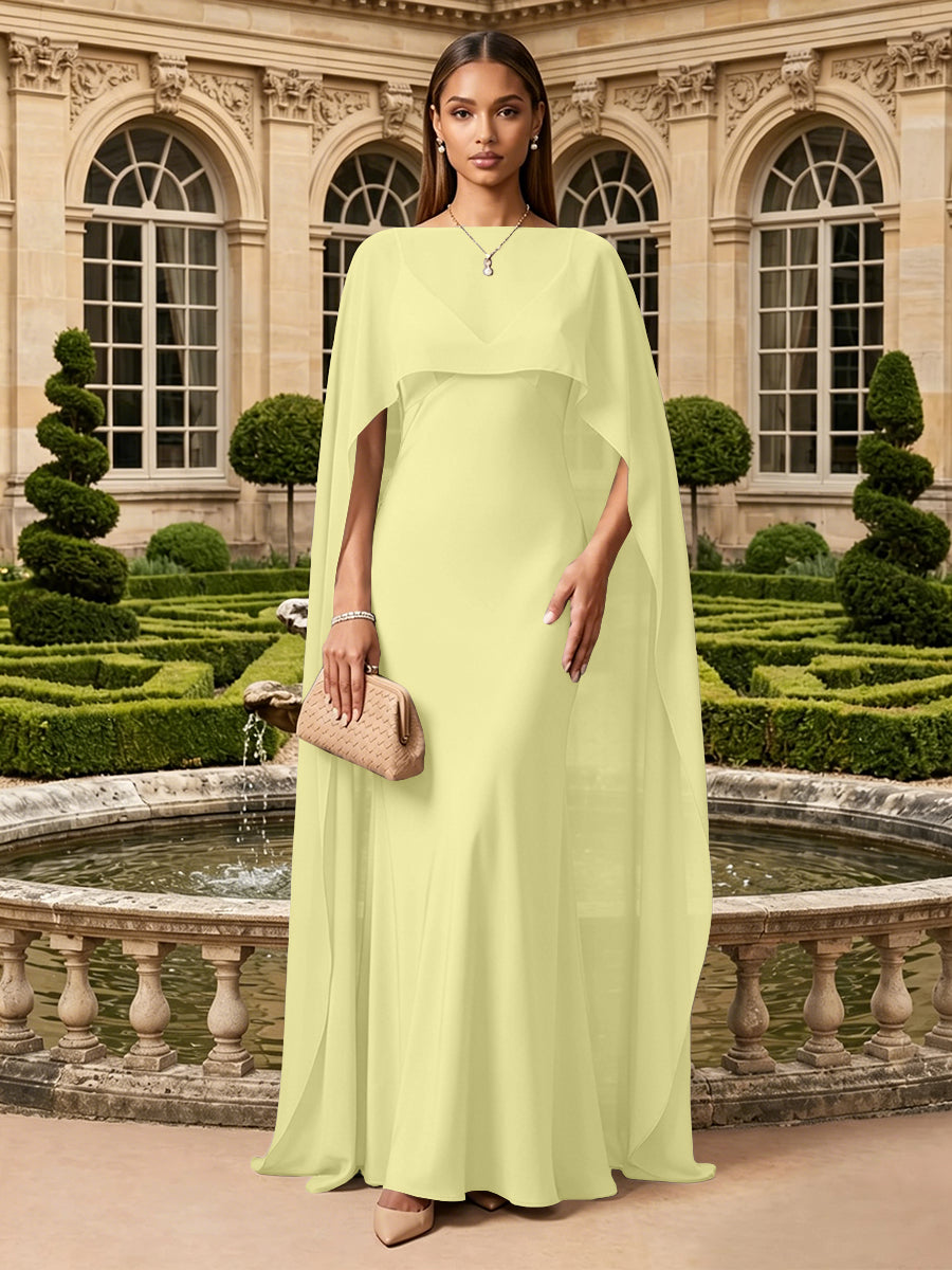 Satin A Line V Neck Cape Formal Dresses
